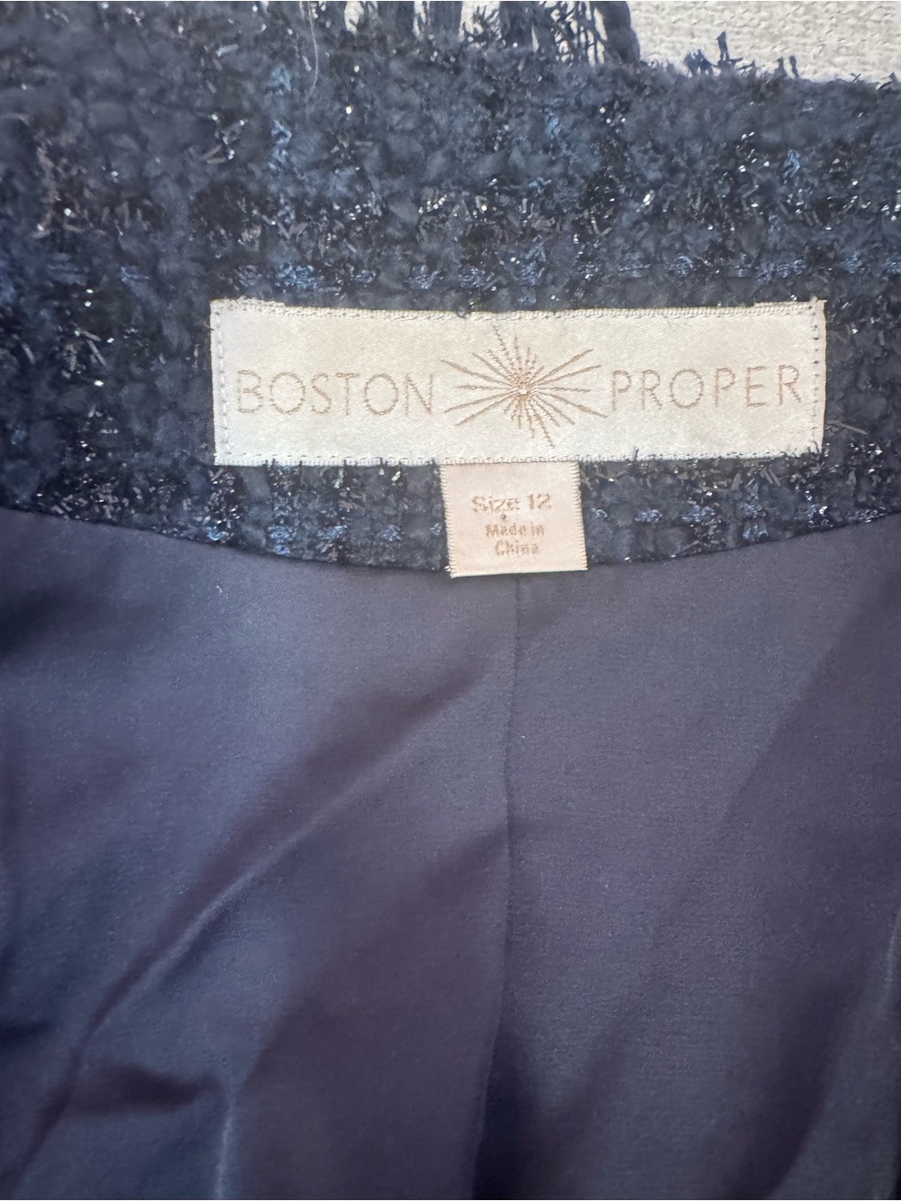 Boston Proper Parisian Navy Tweed Chain-Trim Collarless Blazer - Picture 8 of 9